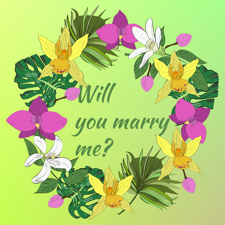 Hand drawn floral wreath of tropical leaves and flowers. Design for invitation, greeting or wedding card.のイラスト素材