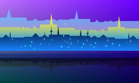 Vector drawn cityscape with reflection at night.のイラスト素材