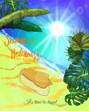 Summer holidays poster. Ocean beach with tropical leaves and seashell. Vector illustration.のイラスト素材