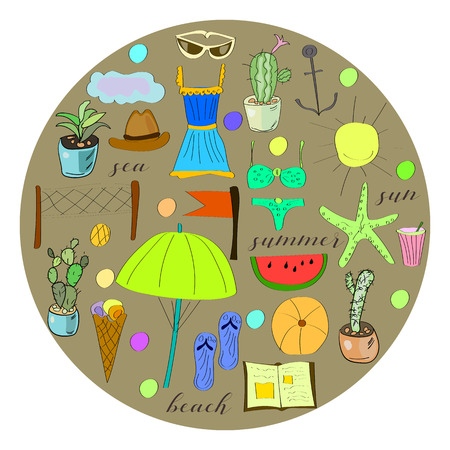 Vector drawn set of hand drawn summer doodles. Bright colorful illustrationsのイラスト素材