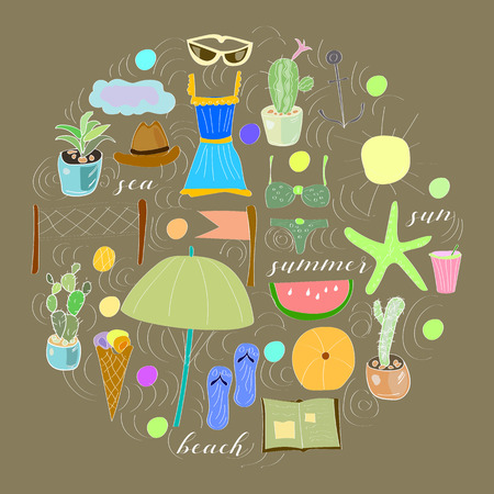 Vector drawn set of hand drawn summer doodles. Bright colorful illustrationsのイラスト素材