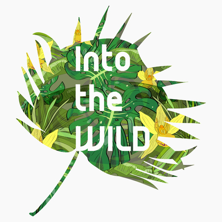 Into the wild tropical summer collection of hand drawn exotic leaves.のイラスト素材