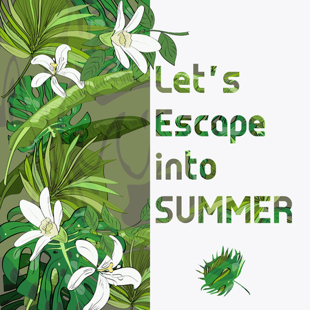 Tropical summer collection of hand drawn exotic leaves. Vector illustration with text.のイラスト素材