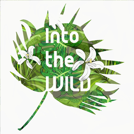 Into the wild tropical summer collection of hand drawn exotic leaves.のイラスト素材