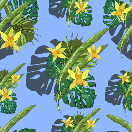 Seamless vector pattern of hand drawn flowers and leaves. Tropical background.のイラスト素材