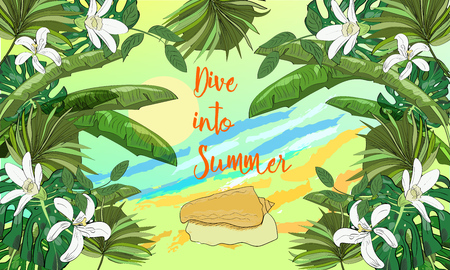 Hand drawn sea scape background with tropical leaves, flowers, seashell and sun. Dive into summer.のイラスト素材