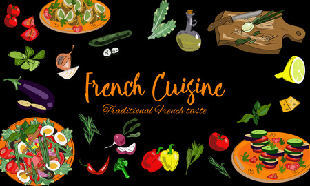 Hand drawn French cuisine background with dishes and drawn vegetables.のイラスト素材