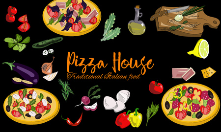 Hand drawn Italian pizza background with dishes and drawn vegetables.のイラスト素材
