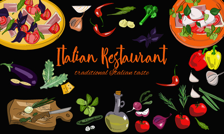 Hand drawn Italian restaurant background with dishes and drawn vegetables.のイラスト素材