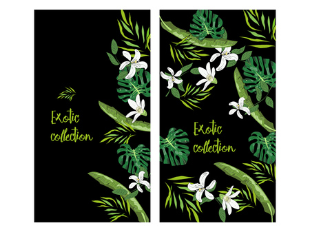 Vertical vector banner of hand drawn palm leaves and flowers. Exotic collection. An idea for design, invitation, save the date card.のイラスト素材