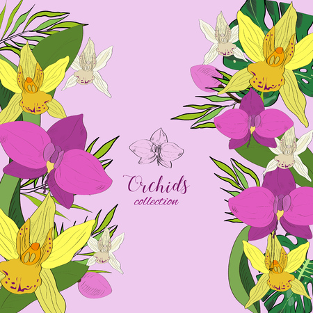 Tropical hand drawn exotic collection background with orchids flowers.のイラスト素材