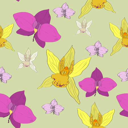 Tropical hand drawn exotic collection seamless pattern with orchids flowers.のイラスト素材