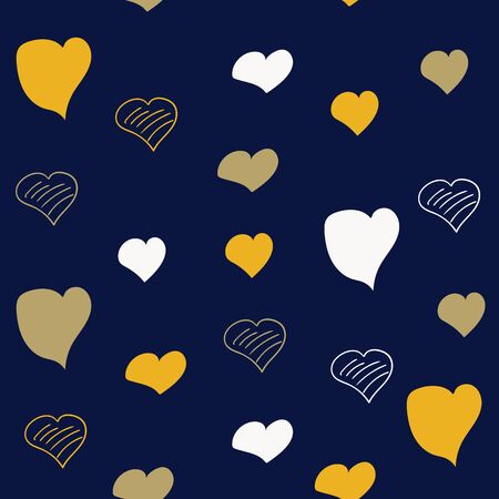 Seamless vector drawn pattern with hand drawn white and orange hearts on blue background.のイラスト素材