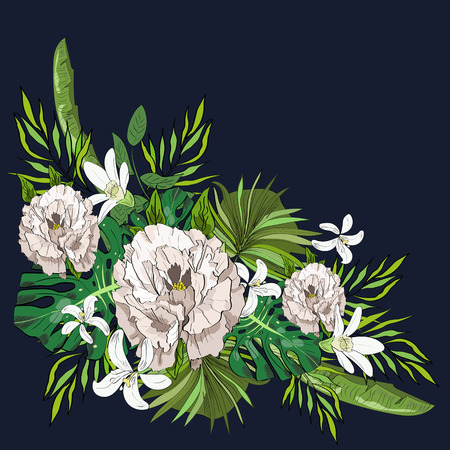 Tropical hand drawn exotic collection background with leaves and flowers.のイラスト素材