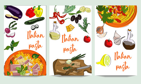 Vertical vector banners of hand drawn food and dishes. Italian pasta design. Restaurant, pizzeria, cafe menu.のイラスト素材