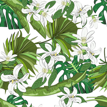 Seamless vector pattern of hand drawn flowers and leaves. Tropical background.のイラスト素材