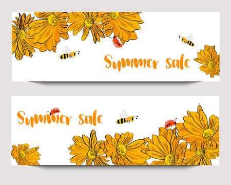 Hand drawn banners with yellow chrysanthemum, funny bees and ladybirds. Sketch style. Summer sale.のイラスト素材