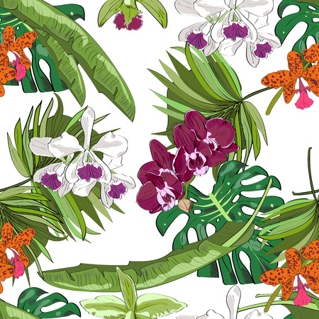 Seamless vector pattern of hand drawn flowers and leaves. Tropical background.のイラスト素材