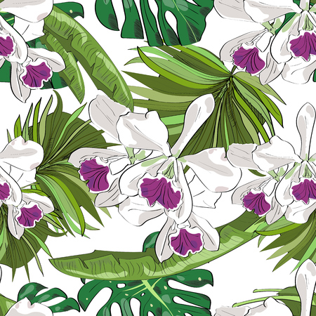 Seamless vector pattern of hand drawn flowers and leaves. Tropical background.のイラスト素材