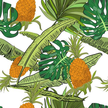 Vector drawn tropical seamless pattern on white background with pineapples, monstera and banana leaves in a sketch style. Exotic collection.のイラスト素材