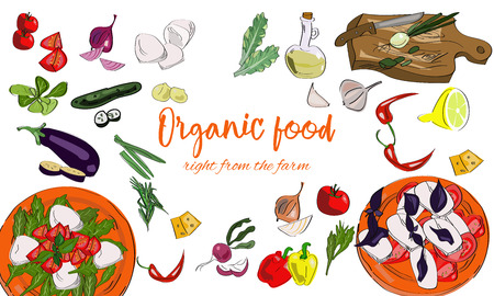 Hand drawn organic food background with dishes and drawn vegetables.のイラスト素材