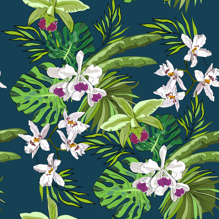 Seamless vector pattern of hand drawn flowers and leaves. Tropical background.のイラスト素材