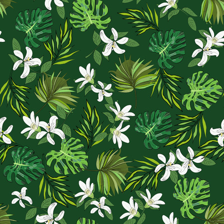 Seamless vector pattern of hand drawn flowers and leaves. Tropical background.のイラスト素材