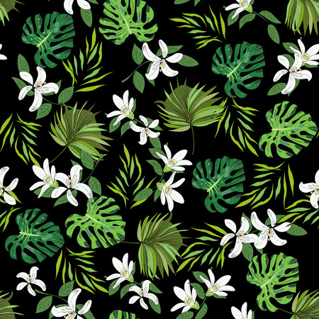 Seamless vector pattern of hand drawn flowers and leaves. Tropical background.のイラスト素材
