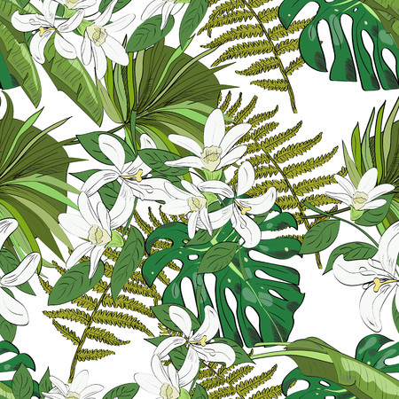 Seamless vector pattern of hand drawn flowers and leaves. Tropical background.のイラスト素材