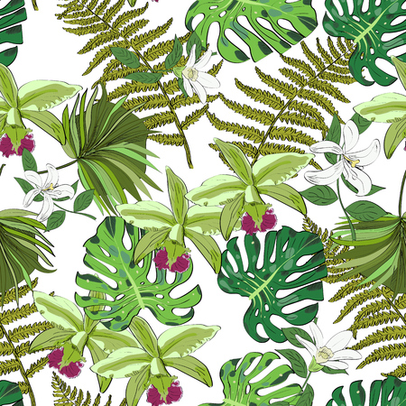Seamless vector pattern of hand drawn flowers and leaves. Tropical background.のイラスト素材
