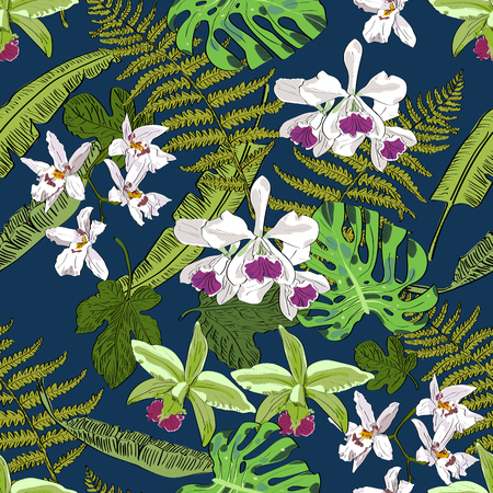 Seamless vector pattern of hand drawn flowers and leaves. Tropical background.のイラスト素材