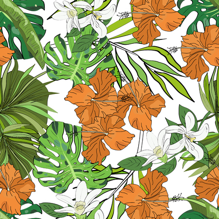 Seamless vector pattern of hand drawn flowers and leaves. Tropical background.のイラスト素材