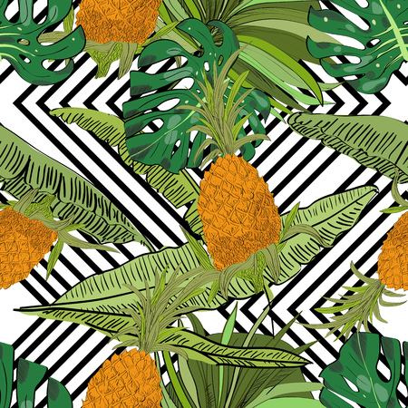 Vector drawn tropical seamless pattern on geometrical background with pineapples, monstera and banana leaves in a sketch style. Exotic collection.のイラスト素材