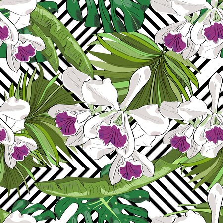 Seamless vector pattern of hand drawn flowers and leaves. Tropical background.のイラスト素材