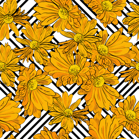 Hand drawn floral seamless pattern with yellow chrysanthemum. Sketch style. Package design.のイラスト素材