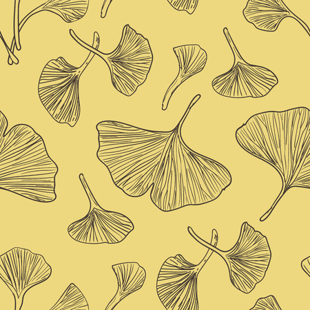 Vector drawn ginkgo seamless pattern on brown background in a sketch style. Floral collection.のイラスト素材