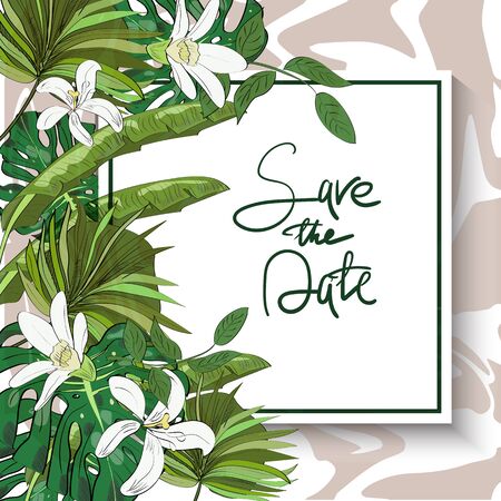 Vector drawn save the date card with tropical flowers and leaves isolated with hand lettering.のイラスト素材