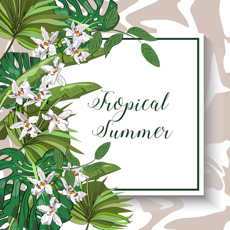 Vector drawn tropical summer card with exotic flowers and leaves isolated.のイラスト素材