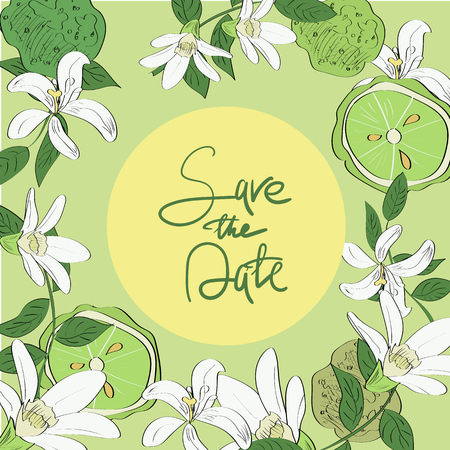 Vector drawn save the date card with tropical flowers and leaves isolated with hand lettering.のイラスト素材