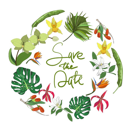 Vector drawn save the date card with tropical flowers and leaves isolated with hand lettering.のイラスト素材
