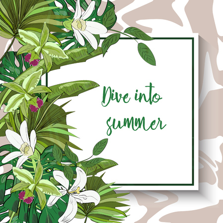 Vector drawn tropical summer card with exotic flowers and leaves isolated. Dive into summer.のイラスト素材