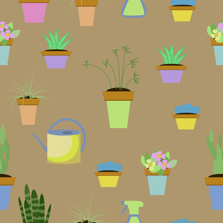 Seamless vetor pattern of potted plants. Violets, succulents.のイラスト素材