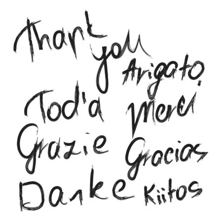 Thank you dry brush illustration in different languages. Vector drawn calligraphy. Isolated on white background.のイラスト素材
