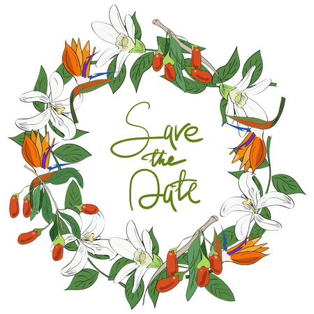 Vector drawn save the date card with tropical flowers and leaves in a wreath with hand lettering.のイラスト素材