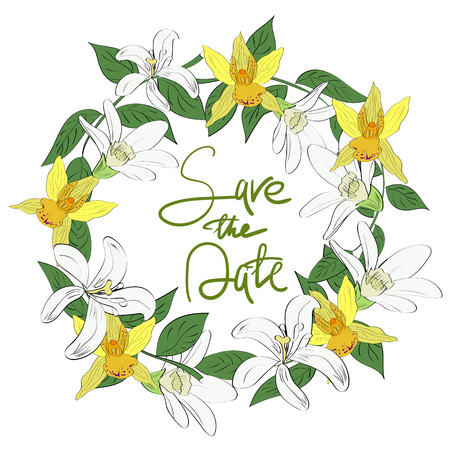 Vector drawn save the date card with tropical flowers and leaves in a wreath with hand lettering.のイラスト素材