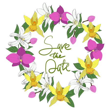 Vector drawn save the date card with tropical flowers and leaves in a wreath with hand lettering.のイラスト素材