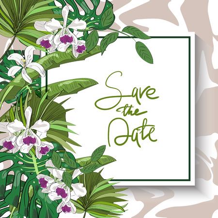 Vector drawn save the date card with tropical flowers and leaves isolated with hand lettering.のイラスト素材