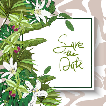 Vector drawn save the date card with tropical flowers and leaves isolated with hand lettering.のイラスト素材