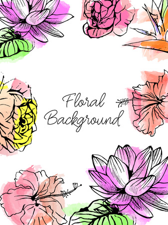 Vector drawn vertical background with isolated hand drawn exotic flowers on watercolor background. Tropical collection.のイラスト素材