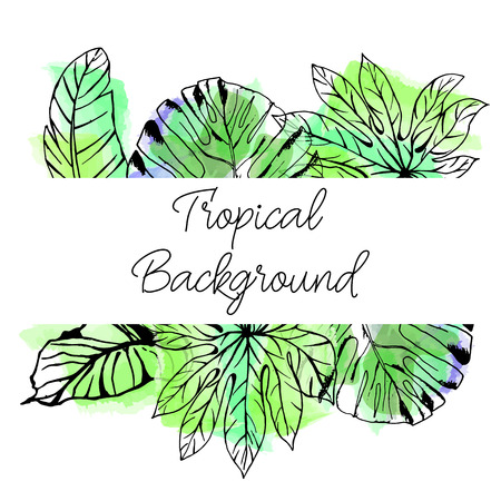 Vector drawn forest border with with hand drawn tropical leaves on watercolor background. Package design.のイラスト素材